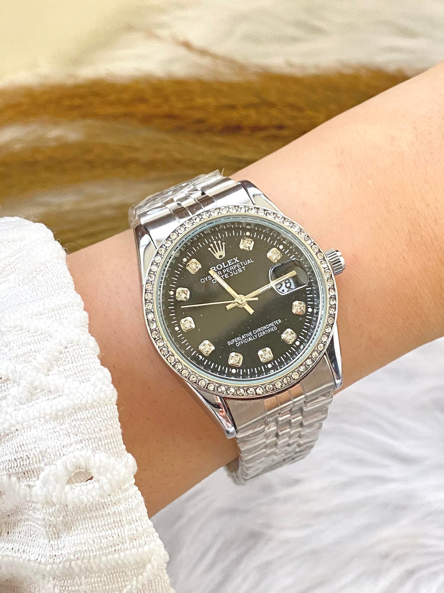 Rolex Silver with Diamond Frame Watch