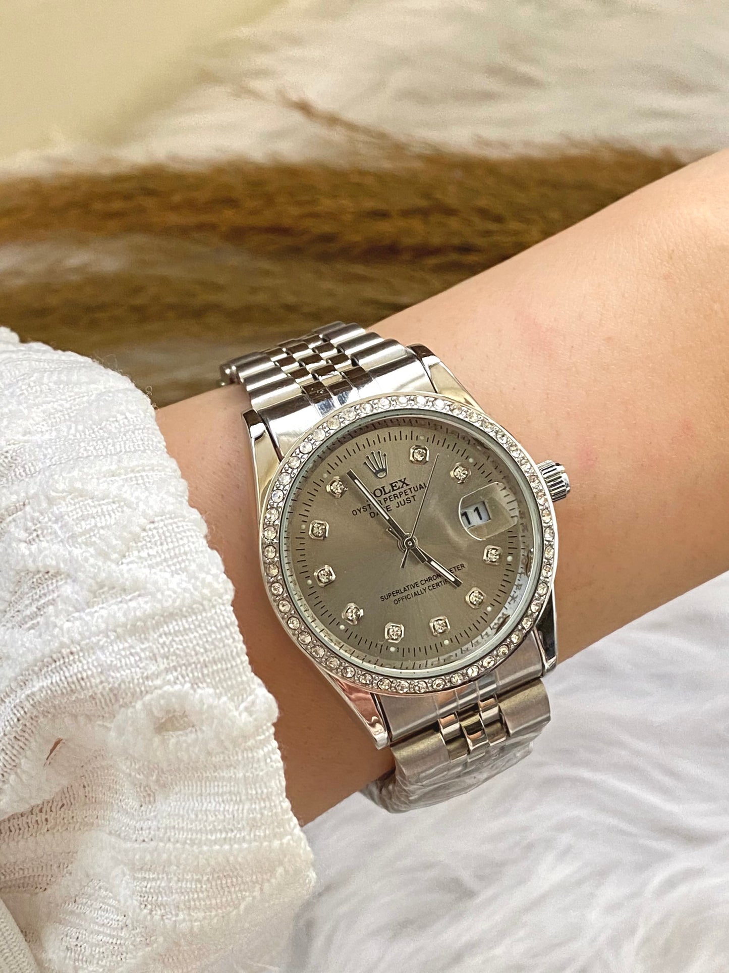 Rolex Silver with Diamond Frame Watch